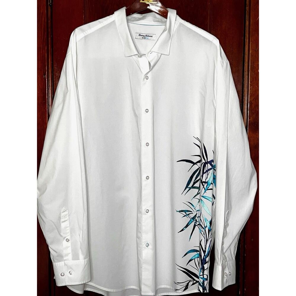 TOMMY BAHAMA WHITE BLUE PALM PIMA COTTON SHIRT 3XL COPYRIGHTED PRINT ISLAND ZONE